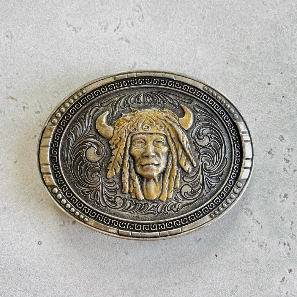 Native American Indian Chief Head In Headdress Montana Silversmiths Belt Buckle